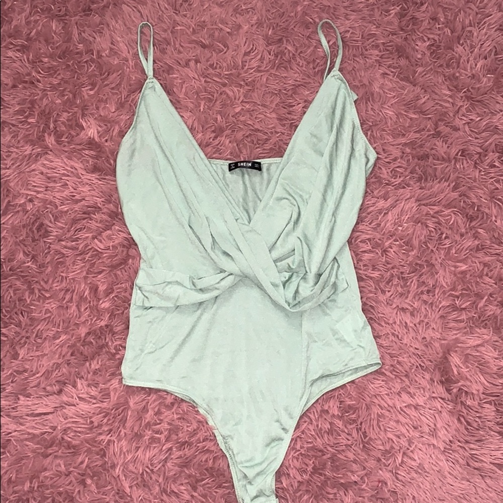 Mint Green V neck Silk Bodysuit